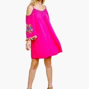 Umgee Floral Embroidered Tassel and Pom Dress Size Medium $30